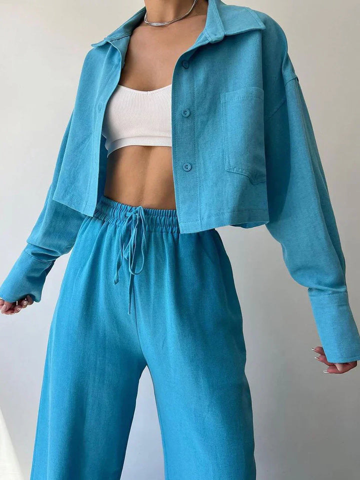 Two-Piece Pants Set with Collar and Drawstring, Casual