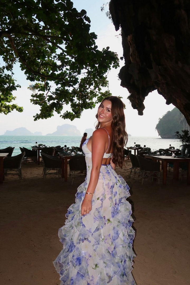 ODESSA – MAXI DRESS WITH RUFFLES AND CROSS BACK