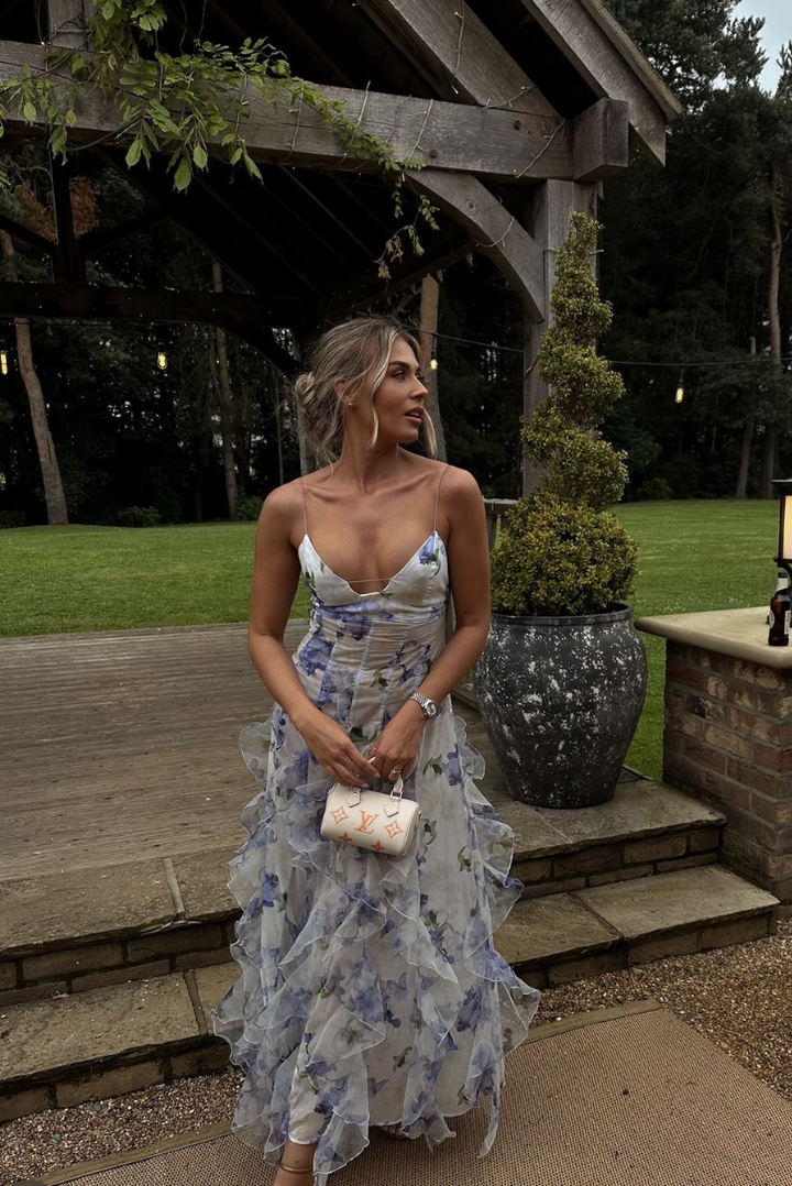 ODESSA – MAXI DRESS WITH RUFFLES AND CROSS BACK