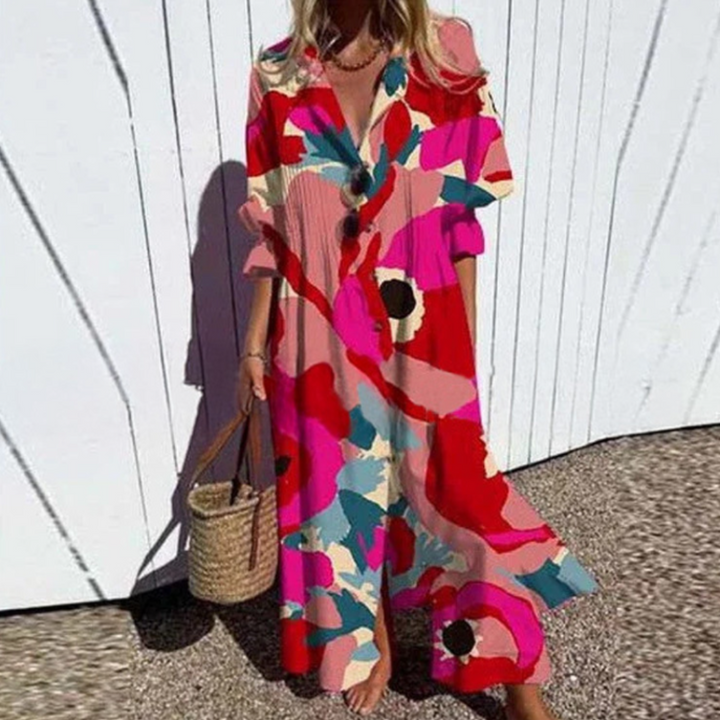 ISLA – MAXI DRESS WITH BUTTON IN COASTAL BREEZE