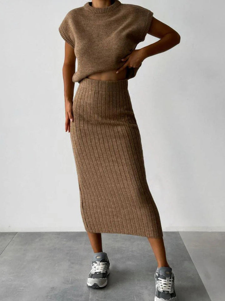 Assembled Set: Thick Knit Top and High-Waisted Midi Knit Skirt