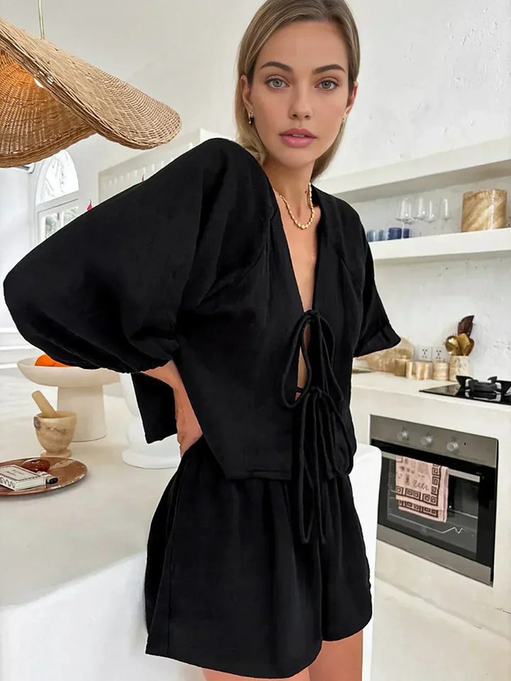 Set of shorts and long-sleeve blouse with bow detail
