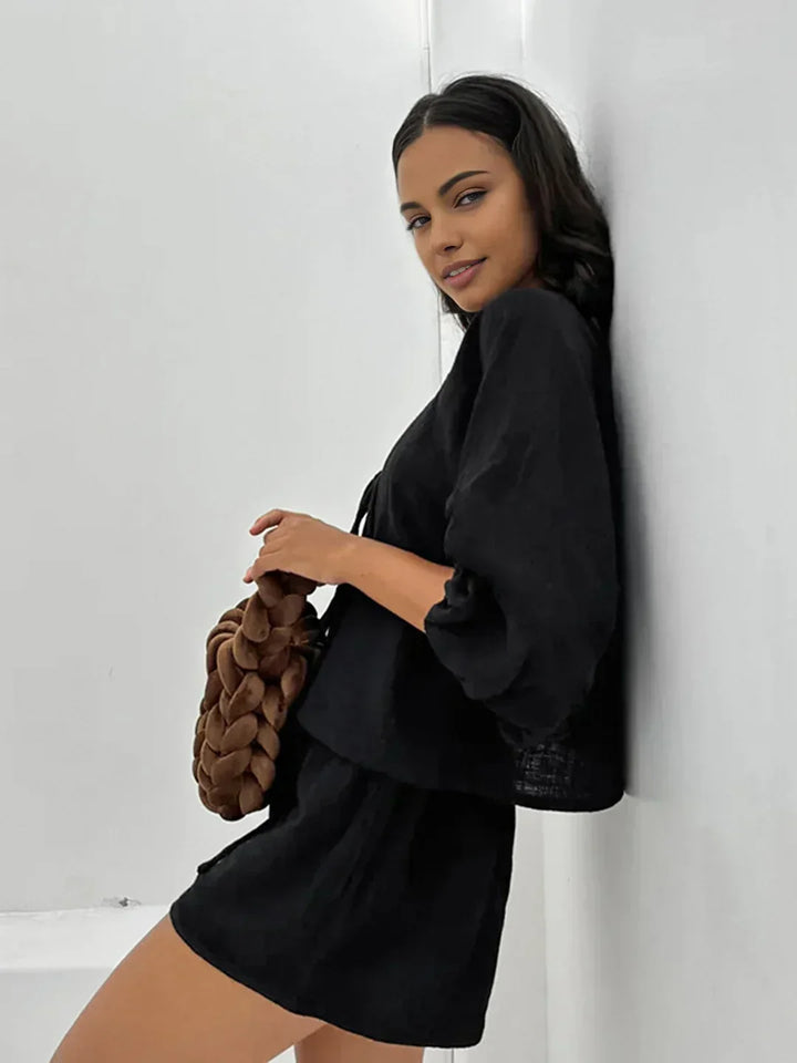 Set consisting of shorts and long-sleeved top with tie detail