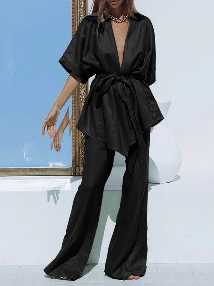 Oversized Design Pants Set with Tied Waist