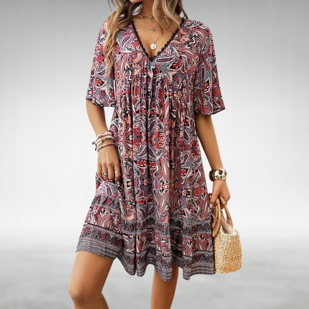 Saylor - Summer Dress with Boho Paisley Print and V-Neck
