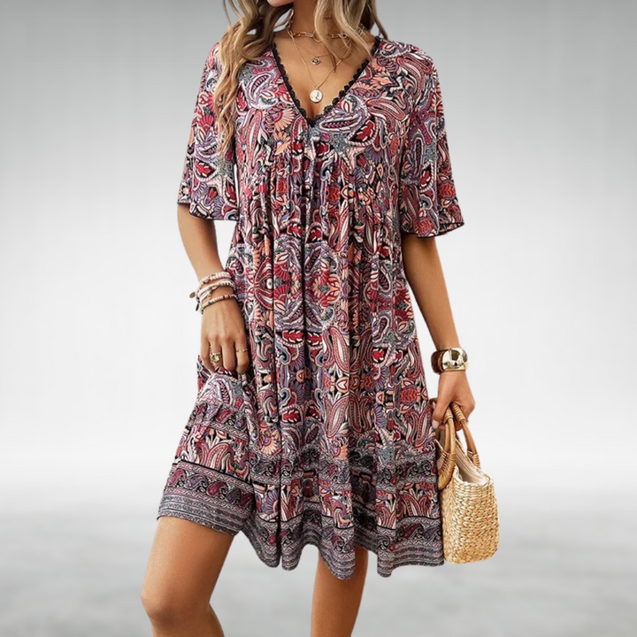 Saylor - Summer Dress with Boho Paisley Print and V-Neck
