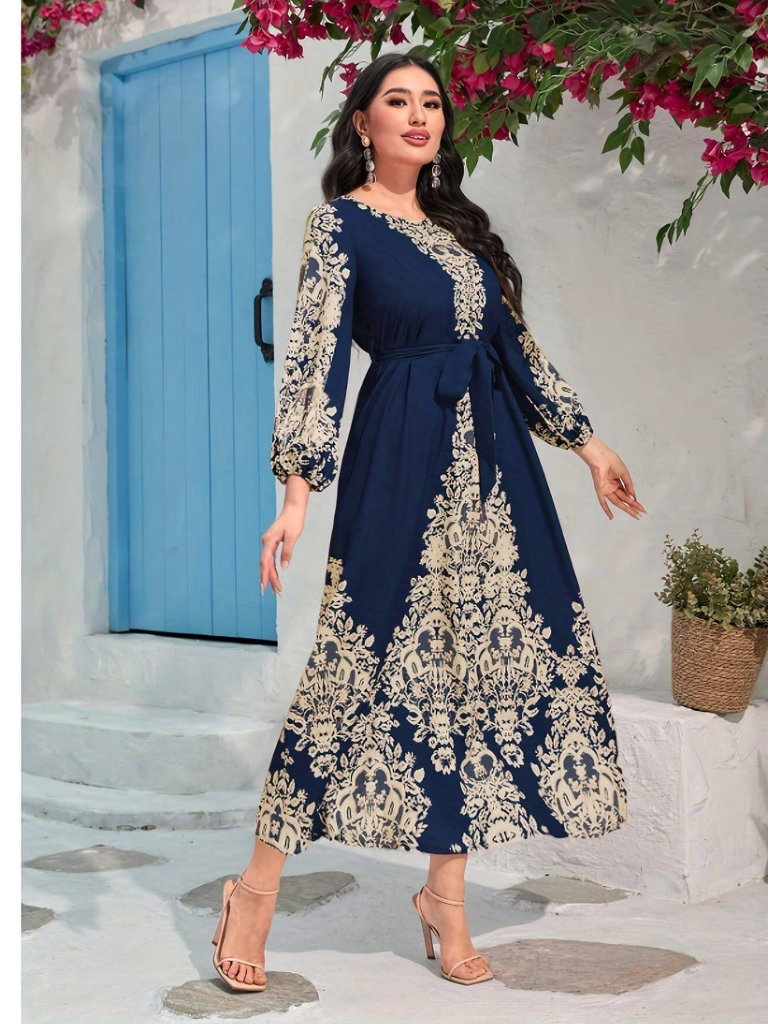 TOVE – LONG DRESS MADE OF LIGHT MATERIAL, WITH V-NECK, NAVY BLUE COLOR