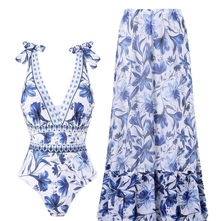 EMBERLY – BLUE AND WHITE PORCELAIN WRAP SKIRT FOR SWIMSUIT