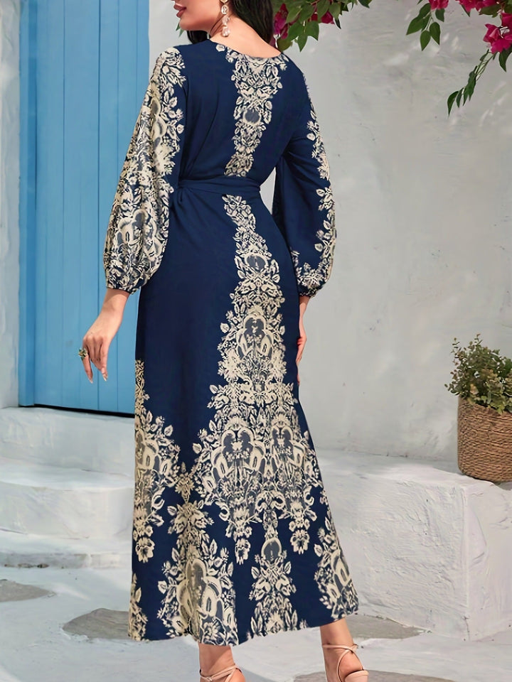 TOVE – LONG DRESS MADE OF LIGHT MATERIAL, WITH V-NECK, NAVY BLUE COLOR