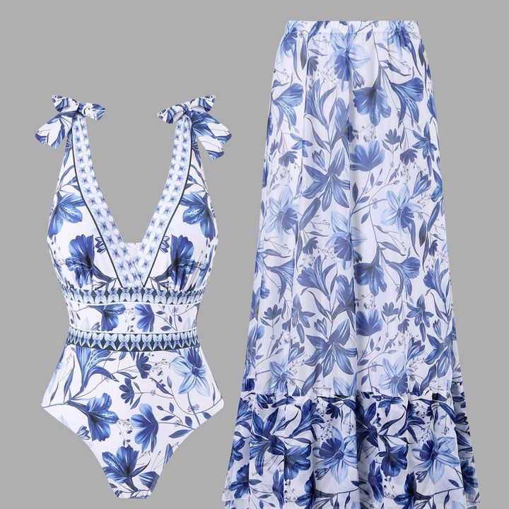 EMBERLY – BLUE AND WHITE PORCELAIN WRAP SKIRT FOR SWIMSUIT
