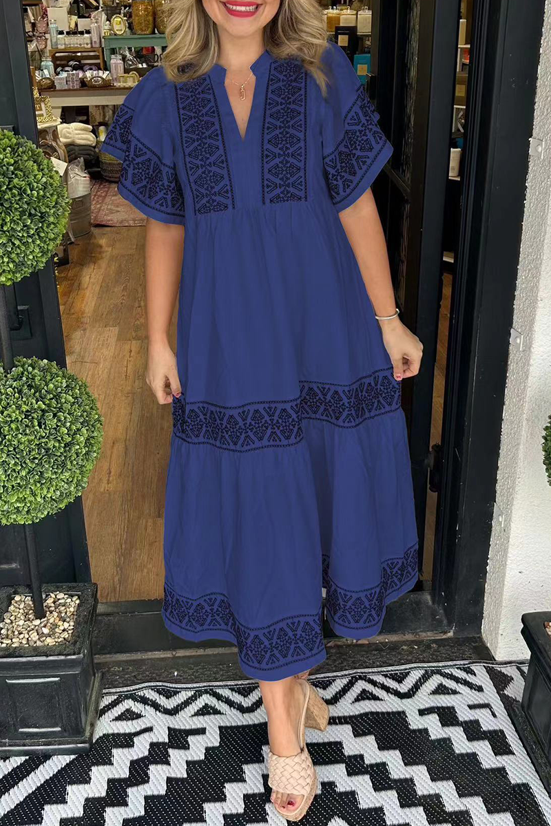 SORAYA – A-LINE DRESS WITH V-NECK, IN GEOMETRIC PATCHWORK