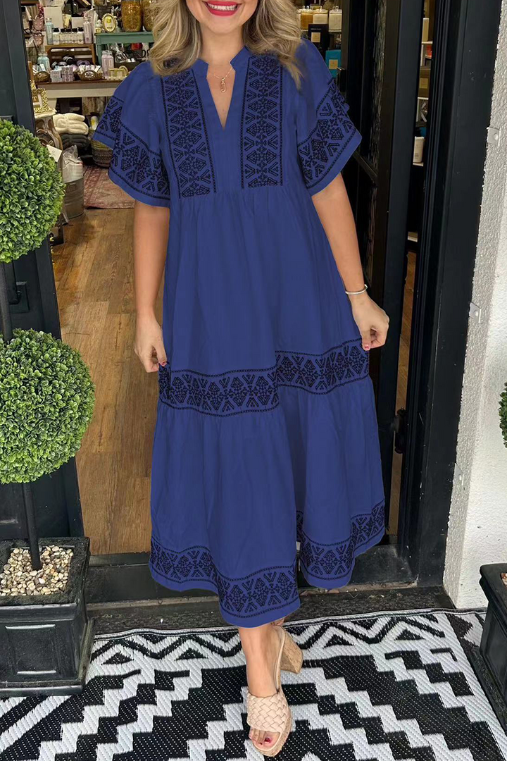 SORAYA – A-LINE DRESS WITH V-NECK, IN GEOMETRIC PATCHWORK