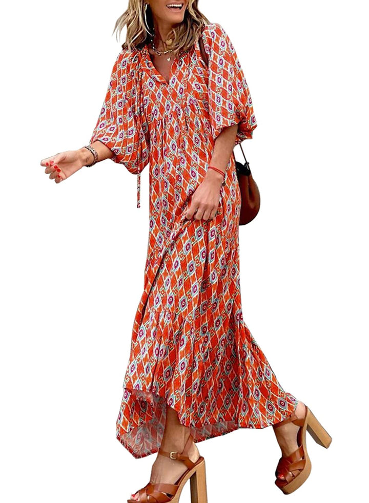 WINONA – BOHO GEOMETRIC MAXI DRESS WITH PUFF SLEEVES