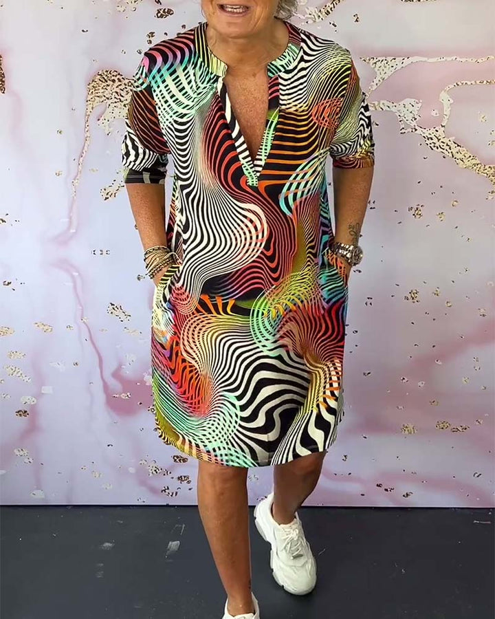 Multicolor Midi Dress for Women with V-Neck