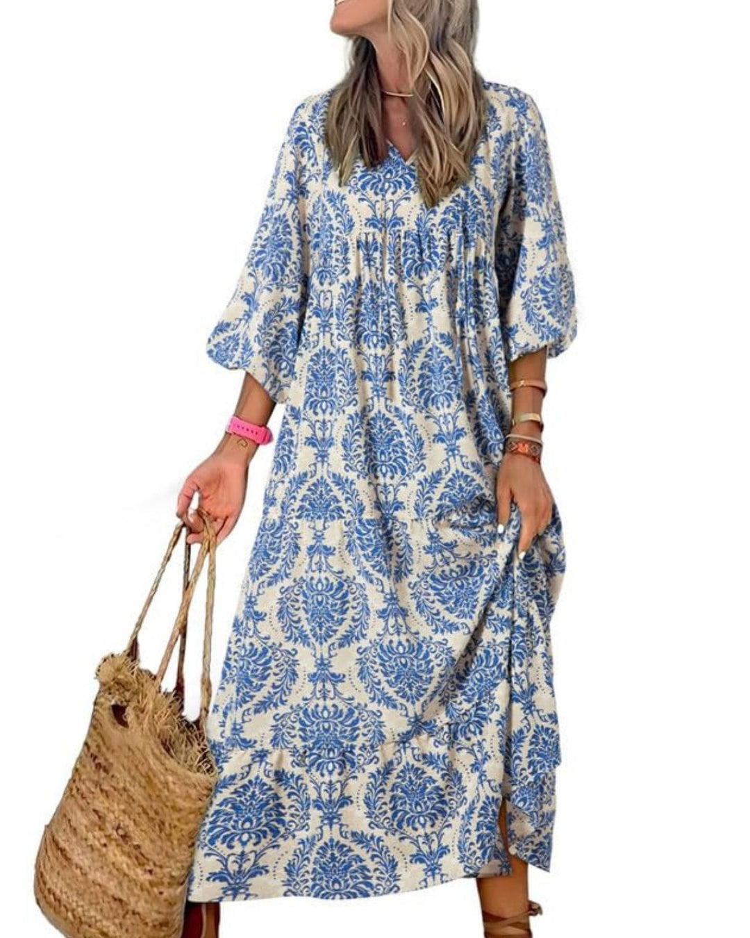 WINONA – BOHO GEOMETRIC MAXI DRESS WITH PUFF SLEEVES