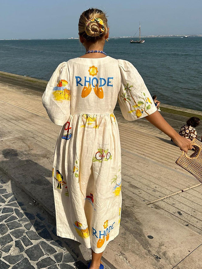 Zoey – Summer Midi Dress with Illustrative Print