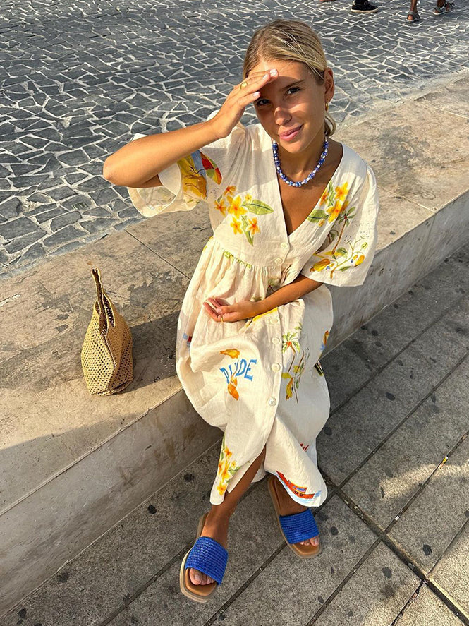 Zoey – Summer Midi Dress with Illustrative Print