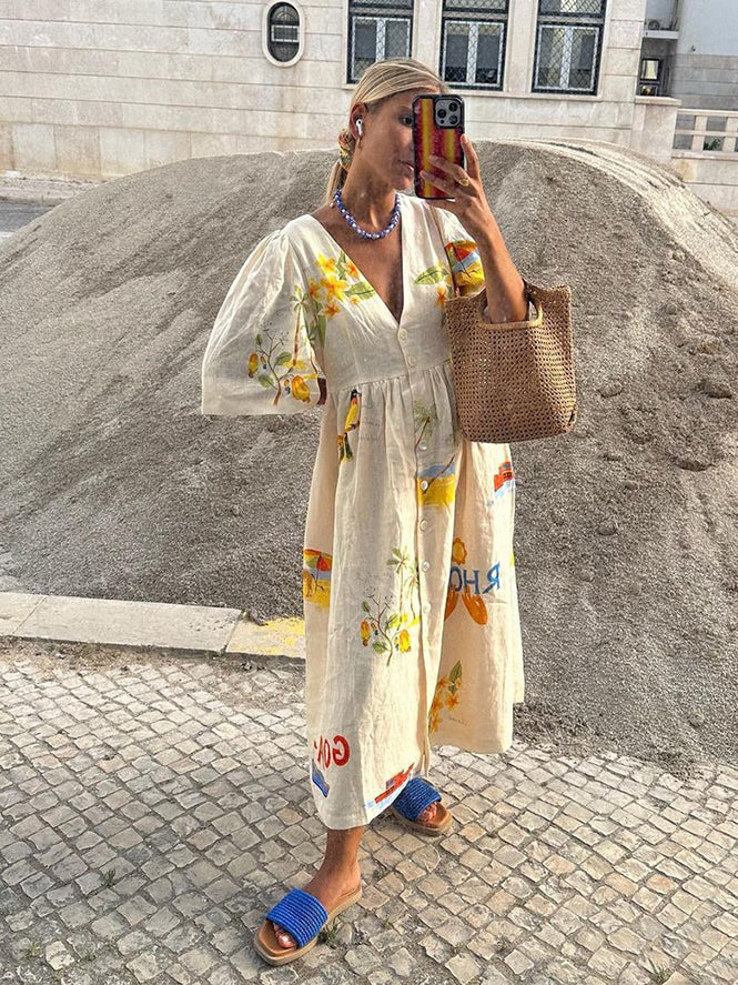 Zoey – Summer Midi Dress with Illustrative Print