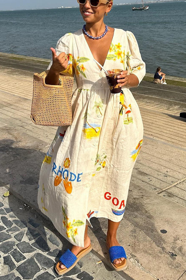 Zoey – Summer Midi Dress with Illustrative Print