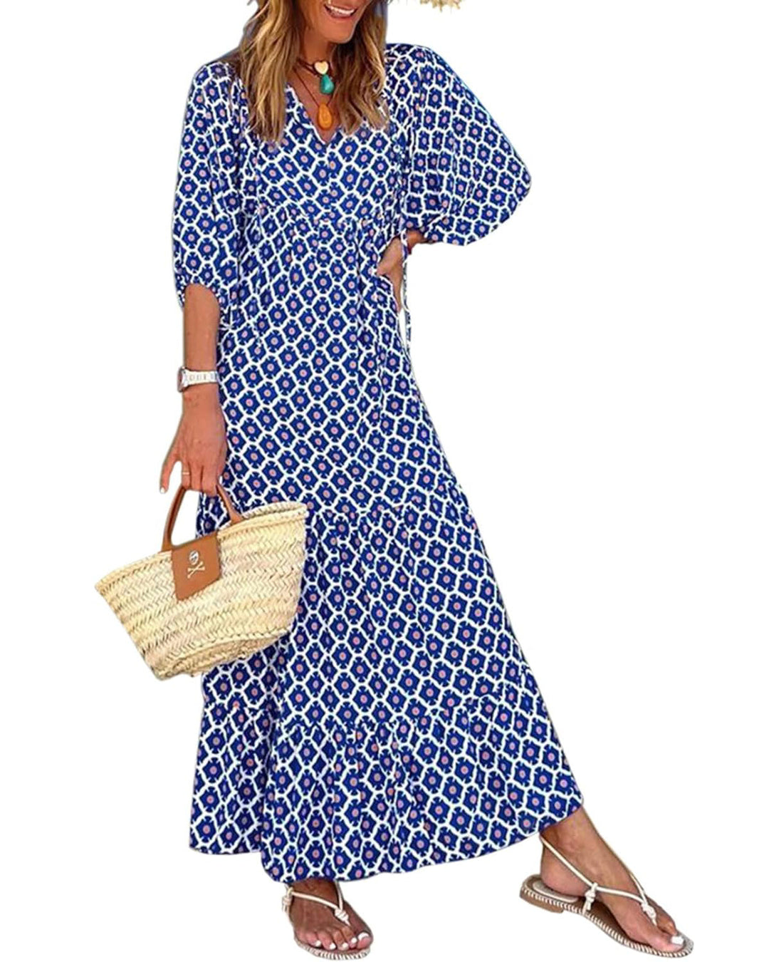 WINONA – BOHO GEOMETRIC MAXI DRESS WITH PUFF SLEEVES