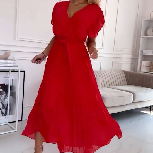 AMANDA - ELEGANT PLEATED MAXI DRESS WITH V-NECK