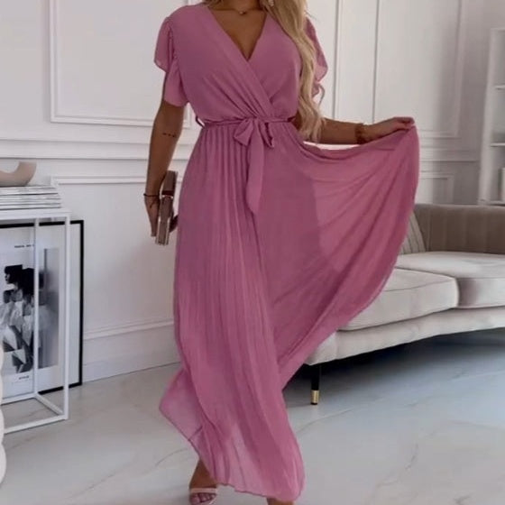 AMANDA - ELEGANT PLEATED MAXI DRESS WITH V-NECK