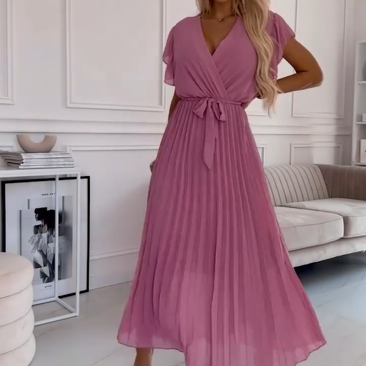AMANDA - ELEGANT PLEATED MAXI DRESS WITH V-NECK