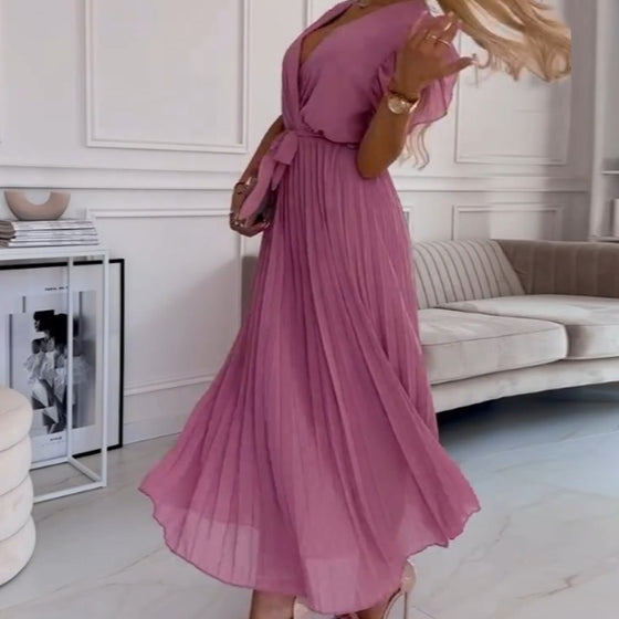 AMANDA - ELEGANT PLEATED MAXI DRESS WITH V-NECK