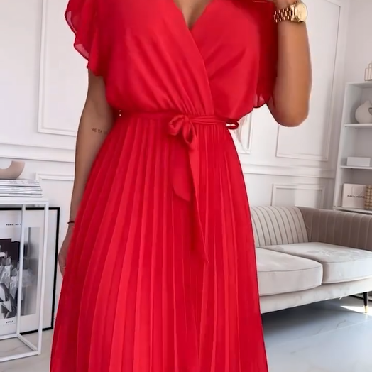 AMANDA - ELEGANT PLEATED MAXI DRESS WITH V-NECK