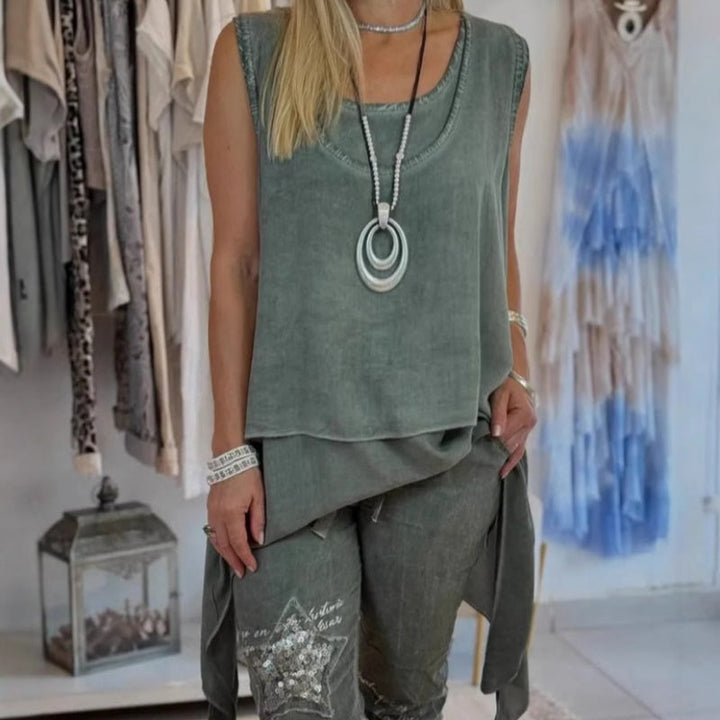 Ora - Women's two-piece set: Sleeveless top and printed pants