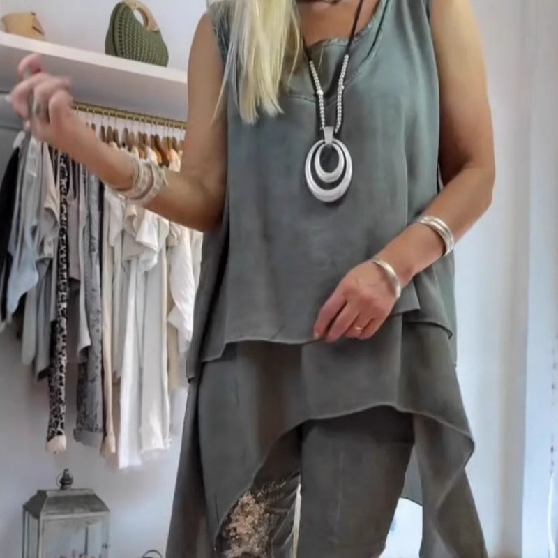 Ora - Women's two-piece set: Sleeveless top and printed pants