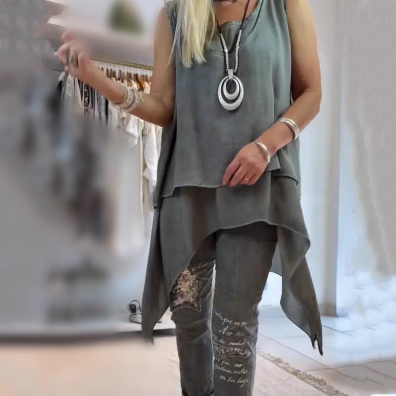 Ora - Women's two-piece set: Sleeveless top and printed pants