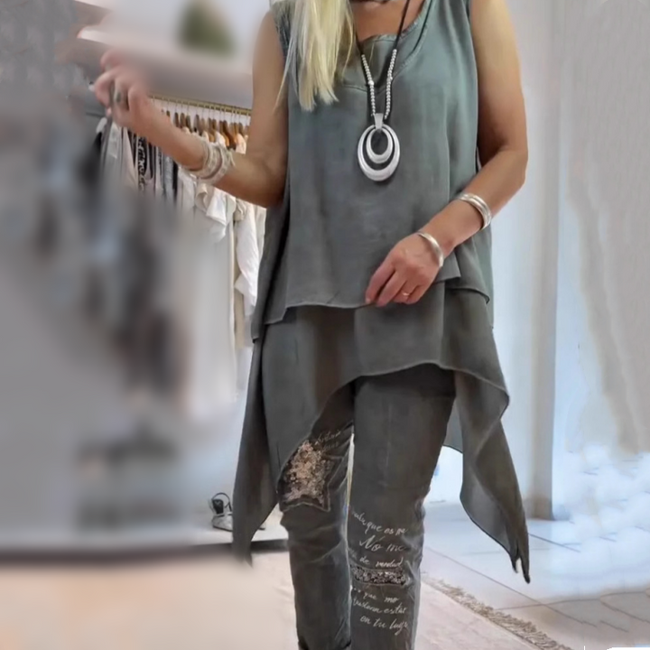 Ora - Women's two-piece set: Sleeveless top and printed pants