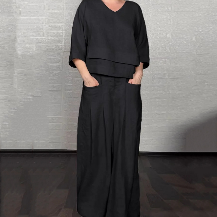 Two-Piece Cotton and Linen Set with Short Sleeves
