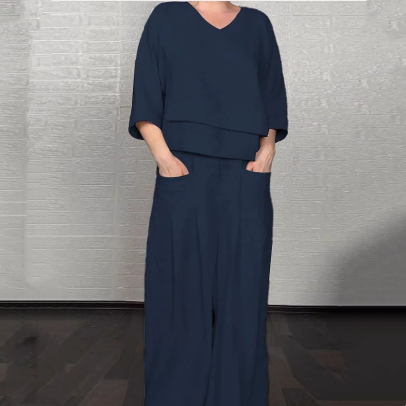 Two-Piece Cotton and Linen Set with Short Sleeves