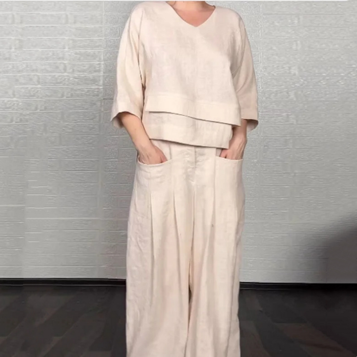 Two-Piece Cotton and Linen Set with Short Sleeves