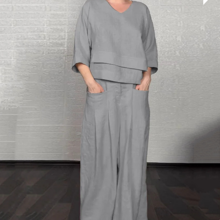 Two-Piece Cotton and Linen Set with Short Sleeves