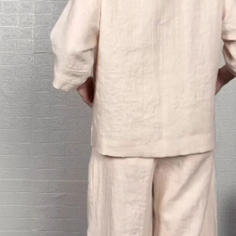 Two-Piece Cotton and Linen Set with Short Sleeves